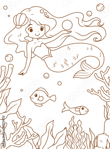 Doodle cute cartoon little mermaid, mermaid and the sea, White background, Brown outline, clipart, vector illustration for Coloring book.