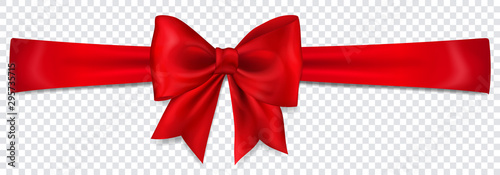 Beautiful red bow with horizontal ribbon with shadow on transparent background photo