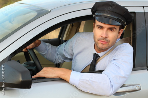 Handsome chauffeur looking at camera