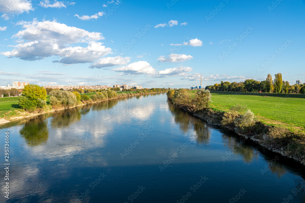 Sava river beautiful landscape near Bundek city park and Liberty Birdge, Zagreb, Croatia