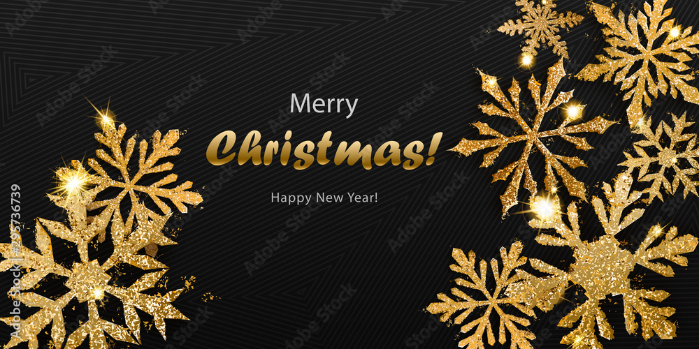 Vector illustration of beautiful shiny complex Christmas snowflakes made of sparkles in golden colors with shadows on dark background Vector illustration of beautiful shiny complex Christmas snowflakes made of sparkles in golden colors with shadows on dark background