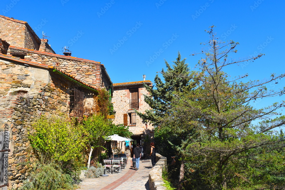 Cobbled stone street exposed to the sun takes you to the heart of an authentic medieval French town. Ancient stone buildings with window shutters and plenty of tropical greenery. 