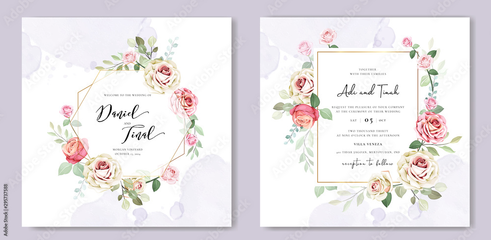 beautiful wedding card floral and leaves template