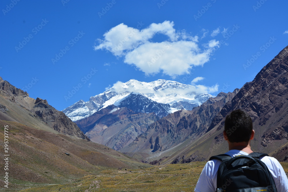 Hiker in the mountains - Looking at the Aconcágua