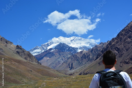 Hiker in the mountains - Looking at the Aconcágua