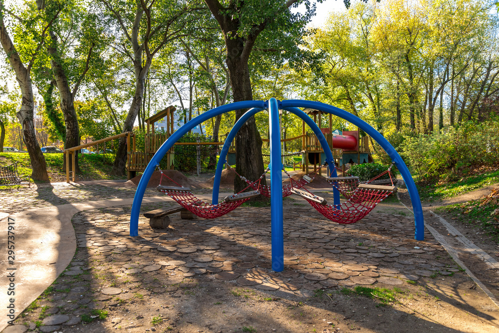 Hanging hammocks in a children playground at Bundek city park, Zagreb, Croatia