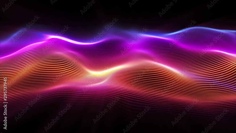 Abstract wave surface. Big data of particles. Futuristic neon glowing surface. Abstract motion background. Seamless loop 3d render