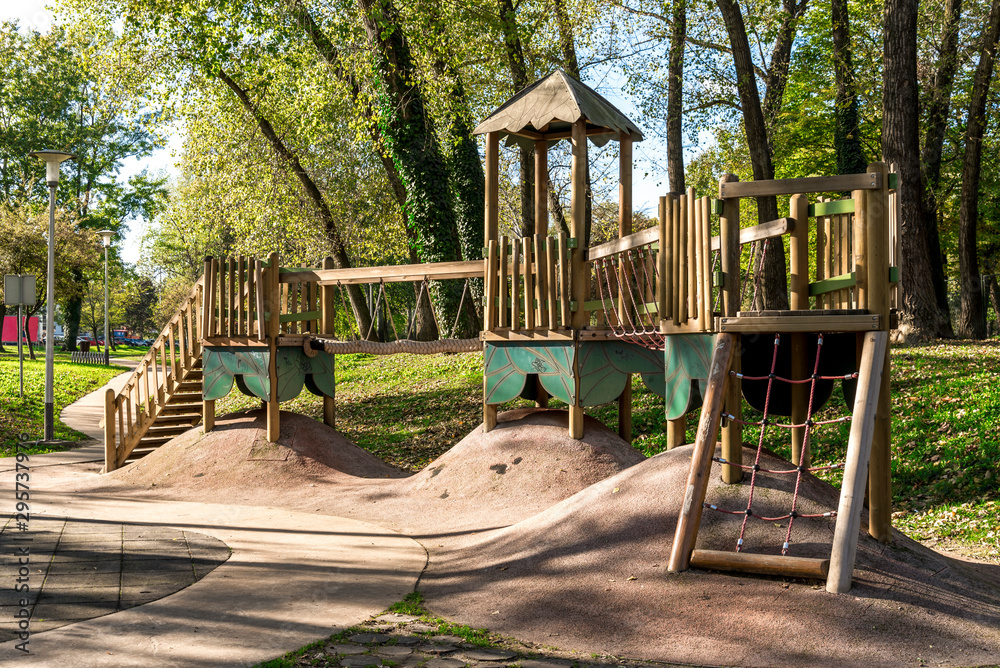 Wooden obstacle course for children in Bundek city park, Zagreb, Croatia