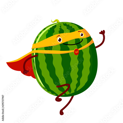 Watermelon super hero. Fruit poster with vector watermelon character.