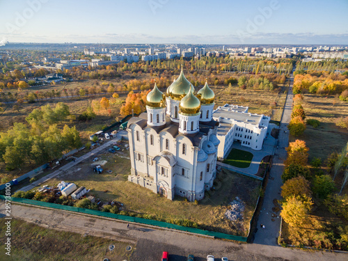 Aerial view to residential area and Orthodox church in Kharkiv, photo