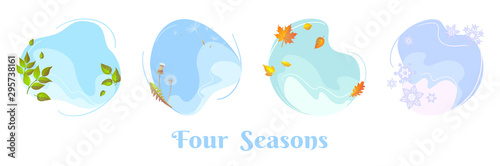 Four seasons sky round concepts. Spring foliage, summer dandelion blowball, autumn leaf, winter snowflakes. Flat design template for seasonal sale banner, calendar, poster. Isolated circle frames