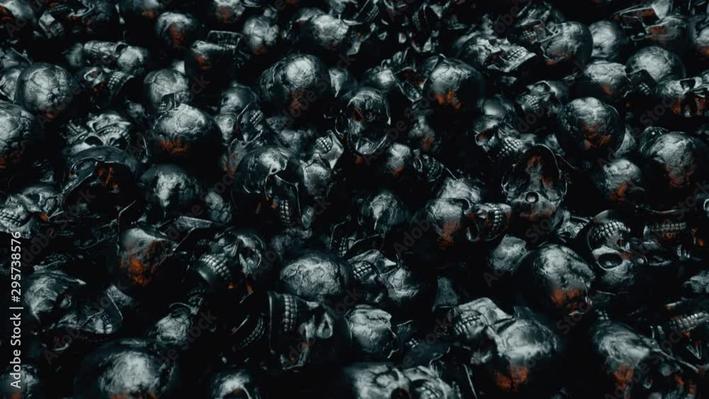 A camera span over an endless pile of black textured human skulls. The concept of death and horror. A bunch of skulls awesome halloween horror picture. Seamless loop 3d render