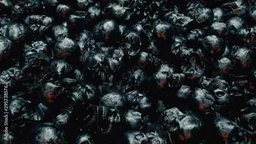 A camera span over an endless pile of black textured human skulls. The concept of death and horror. A bunch of skulls awesome halloween horror picture. Seamless loop 3d render photo