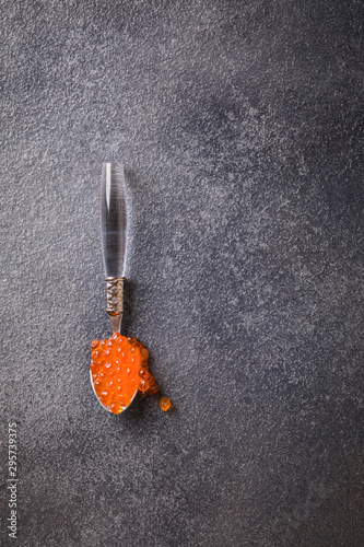 Salmon Red Caviar in a white plate on a dark background. Healthy Food Concept. Snack.Copy space for Text.Seafood.