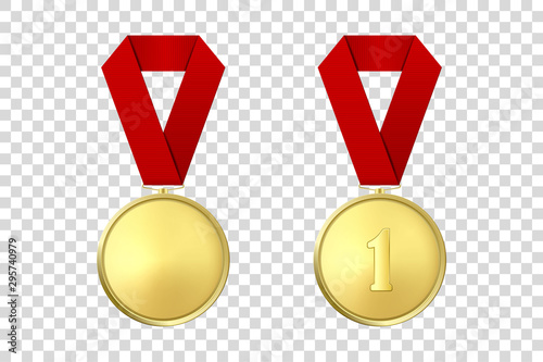 Vector 3d Realistic Gold Award Medal Icon Set with Color Ribbon Closeup Isolated on Transparent Background. Design Template, Mockup. Blank and The First Place, Prize. Sport Tournament, Victory Concept
