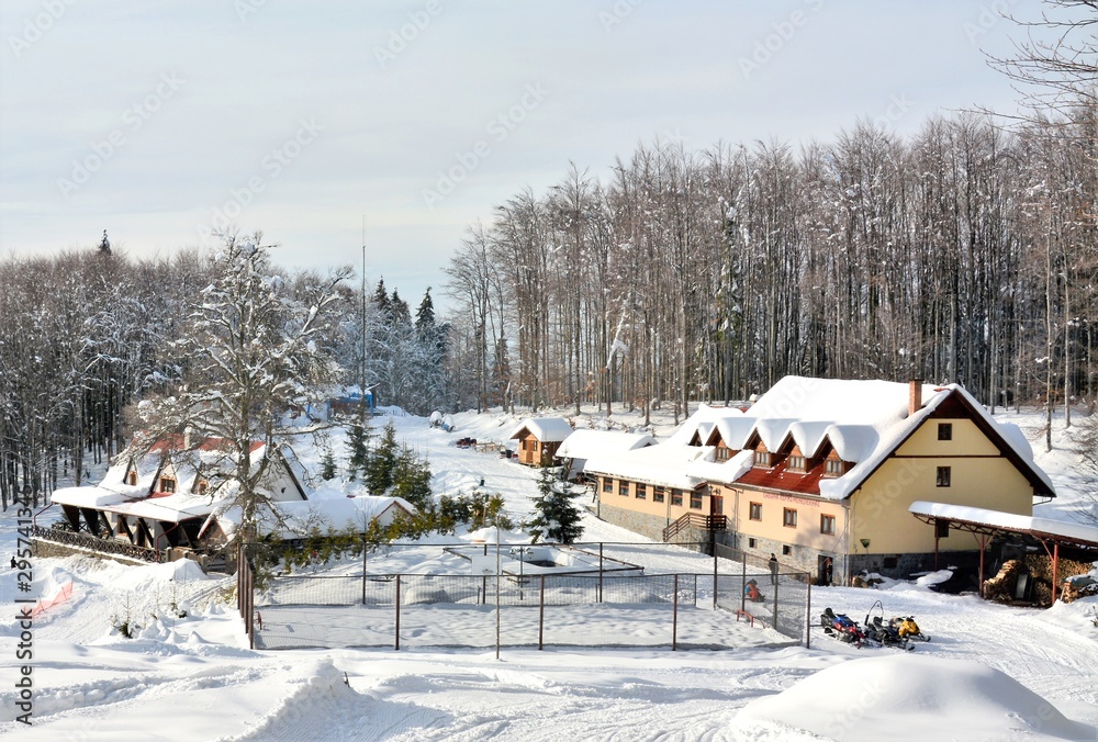 landscape with chalet Repas at the ski slope Sovata - Romania landscape with chalet Repas at the ski slope Sovata - Romania