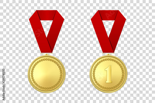Vector 3d Realistic Gold Award Medal Icon Set with Color Ribbon Closeup Isolated on Transparent Background. Design Template, Mockup. Blank and The First Place, Prize. Sport Tournament, Victory Concept