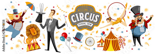 Circus! Vector illustrations on a poster or banner for a circus show with gymnast, magician, animal lion, host, entertainer and clowns, isolated objects and elements Welcome to the show!