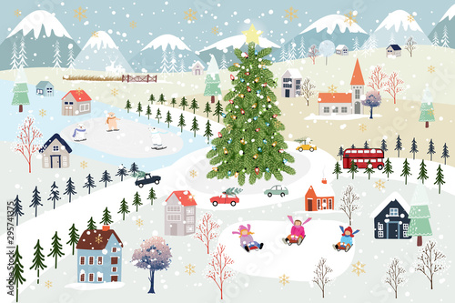 Panoramic of winter landscape,Vector of horizontal banner of winter wonderland in village with snow covering,house,moutain,tree and polar bear and kids playing ice skates,Merry Christmas background