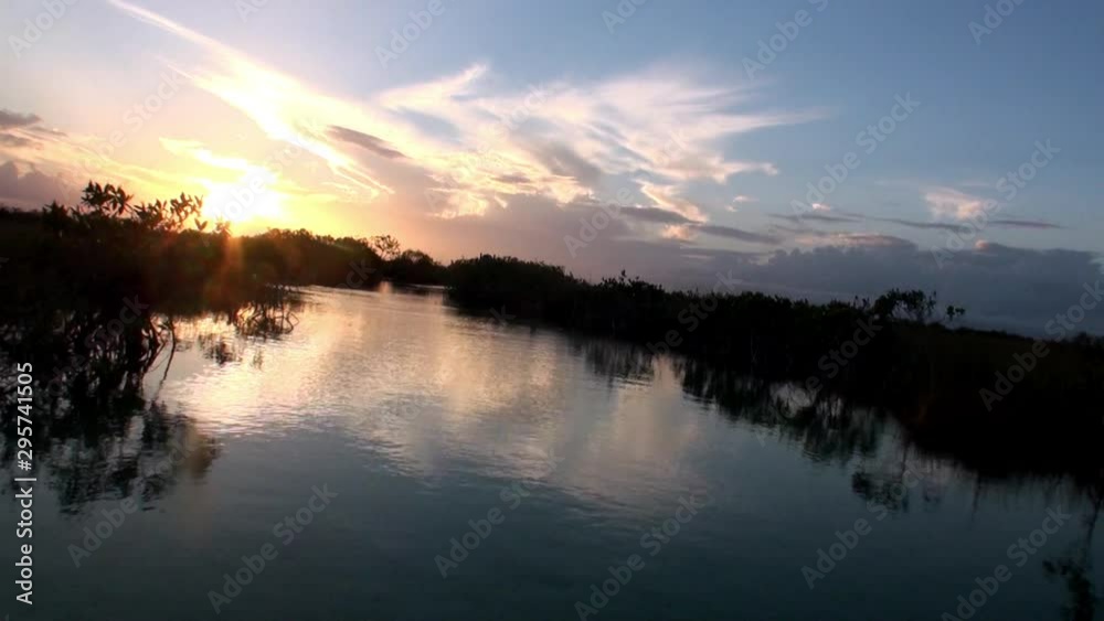 View from moving boat on sunset in Mangroves thickets in river of Sian Ka’an. Biosphere reserve Riviera Maya Quintana Roo Mexico. Unity with nature. View from moving boat on sunset in Mangroves thickets in river of Sian Ka’an. Biosphere reserve Riviera Maya Quintana Roo Mexico. Unity with nature.