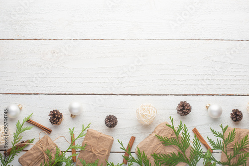 Christmas, New Year. Background with composition. On a white wooden background.