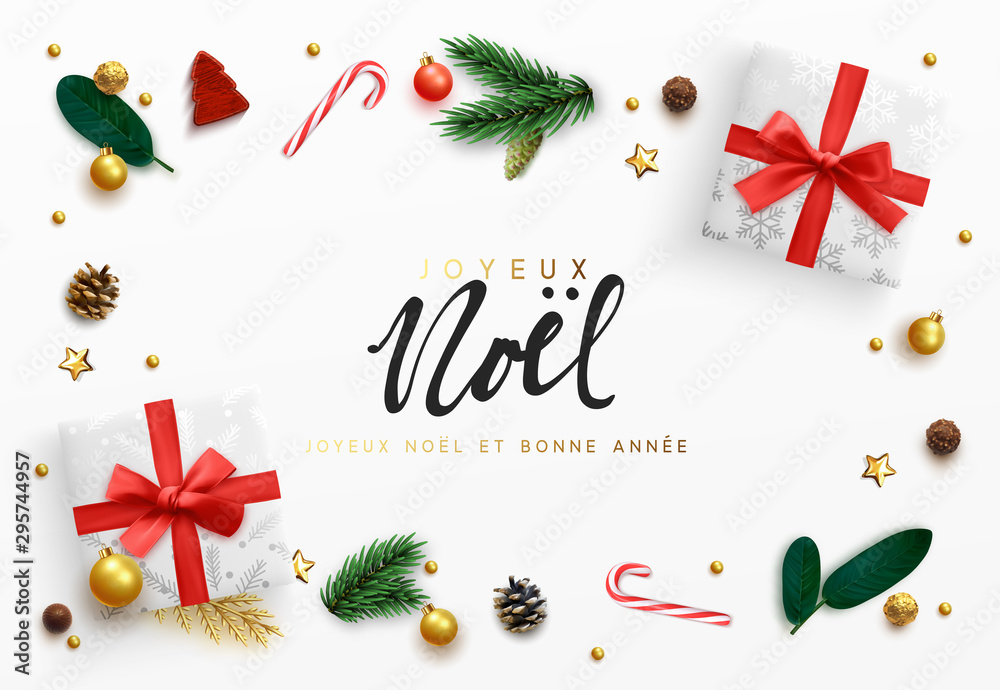 French text Joyeux Noel. Christmas background. Xmas decoration elements  design, white gift box, gold ball, pine branches, candies. Chocolate and  cane candy. surprise present flat top view. Stock Vector | Adobe Stock