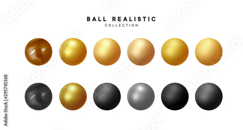 Set of 3d render balls. Round Sphere, geometric objects, pearl made of metal and plastic. Balls matte and glossy, gold and beige, black brown, silver colors. vector illustration