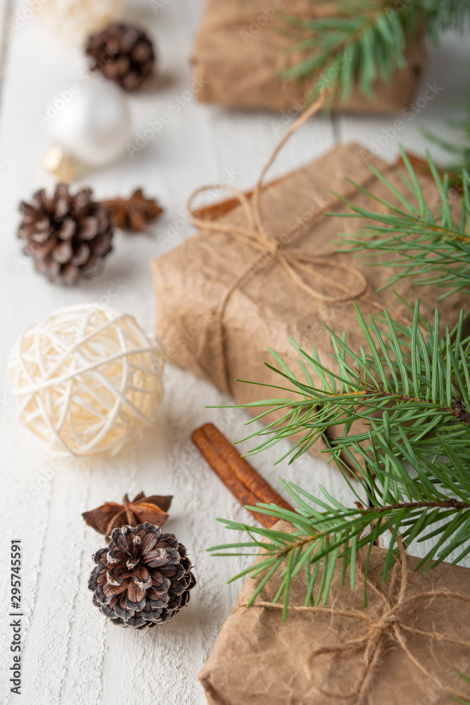 Fototapeta premium Christmas, New Year. Background with composition. On a white wooden background.
