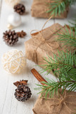 Christmas, New Year. Background with composition. On a white wooden background.