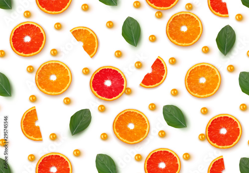 Pattern half cut with orange fruits and grapefruit with leaf petals on white background