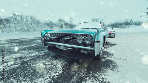 Classic blue cars and snowy seasons. 3d render and illustration.