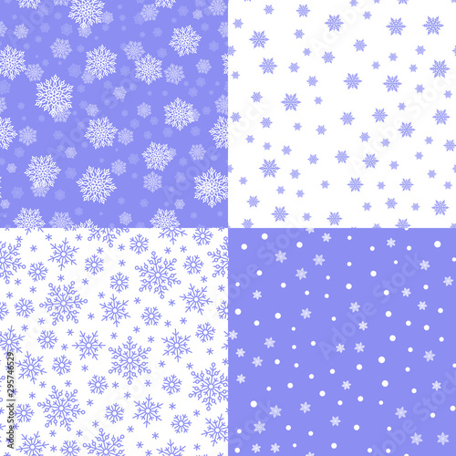 Vintage snowflakes seamless patterns set in white and purple colours. Cute snowflakes on light background. Template for christmas gifts wrapping paper. Winter season wallpaper vector illustration.