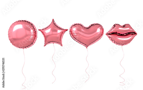 Pink foil balloons isolated on white background. 3d render elements for birthday party, presentation. Sphere, lips, heart and star shape