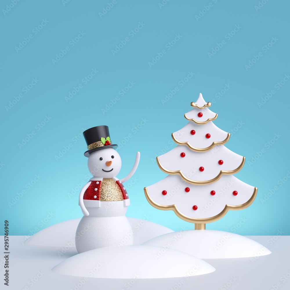 3d render. Christmas greeting card template with snowman and christmas fir tree, isolated on blue background. Winter holiday illustration. 3d render. Christmas greeting card template with snowman and christmas fir tree, isolated on blue background. Winter holiday illustration.