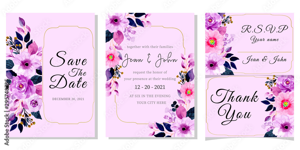 purple wedding invitation set with floral watercolor