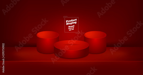 Vector,Empty vivid red studio round kiosk stand background ,product display with copy space for display of content design.Banner for advertise product on online media