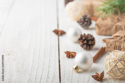 Christmas, New Year. Background with composition. On a white wooden background.