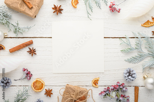 Fototapeta Naklejka Na Ścianę i Meble -  frame, Christmas, New Year. Background with composition, with empty postcard space for design. On a white wooden background.