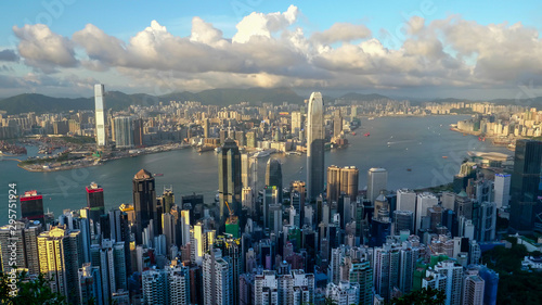 an afternoon view of victoria harbour and hong kong island from the peak