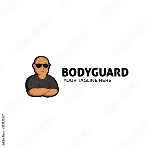 Bodyguard mascot logo with bald muscular character illustration wears black sun glass shade