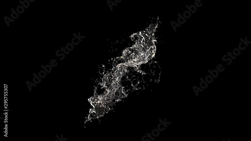 3D animation of a water splash on black background with alpha layer