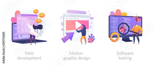 Website programming and coding. Computer animation designer. Bug fixing. Web development, motion graphic design, software testing metaphors. Vector isolated concept metaphor illustrations