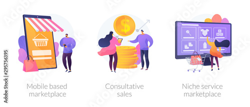Retail business cartoon icons set. Online shop smartphone app. Mobile based marketplace, consultative sales, niche service marketplace metaphors. Vector isolated concept metaphor illustrations photo