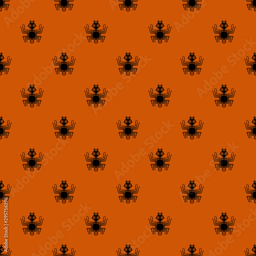 Seamless geometrical pattern with small silhouettes of stylized spiders. Halloween decor. Ancient Peruvian tribal motif of Moche Indians.