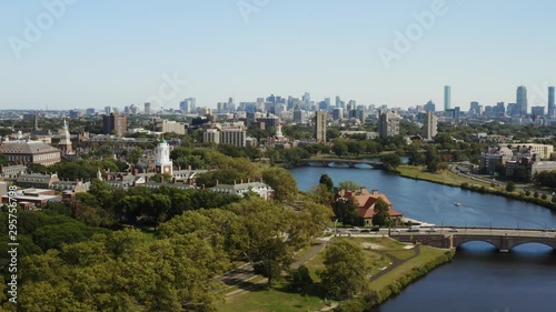 High aerial of Cambridge, view of Harvard university, famous destination of Massachusetts, city of students, travel to Northeast of USA