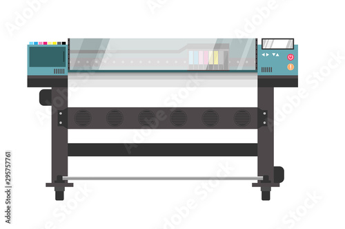Retro color vintage style Printer or plotter with transparency glass cover of printheads. Multi colors inkjet system with light CMYK.
