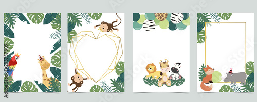 Green collection of jungle frame set with leaf,leaves,parrot,monkey,balloon vector illustration for birthday invitation,postcard,logo and sticker