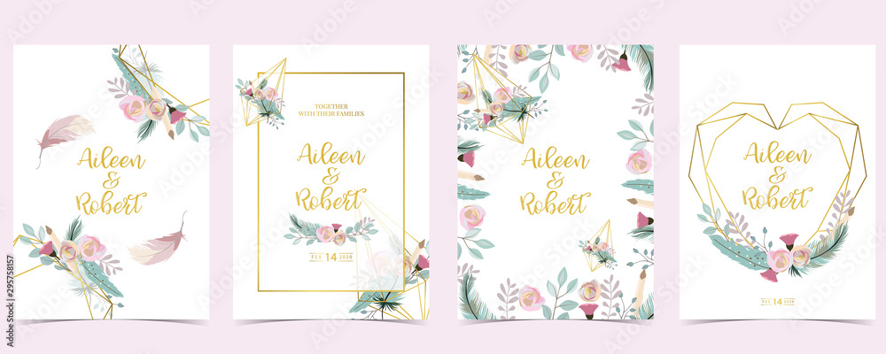 Pink green gold geometry wedding invitation with rose,flower,heart and leaves.Vector birthday invitation for kid and baby.Editable element