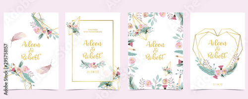 Pink green gold geometry wedding invitation with rose,flower,heart and leaves.Vector birthday invitation for kid and baby.Editable element