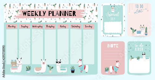 cute weekly planner background with llama,cactus.Vector illustration for kid and baby.Editable element